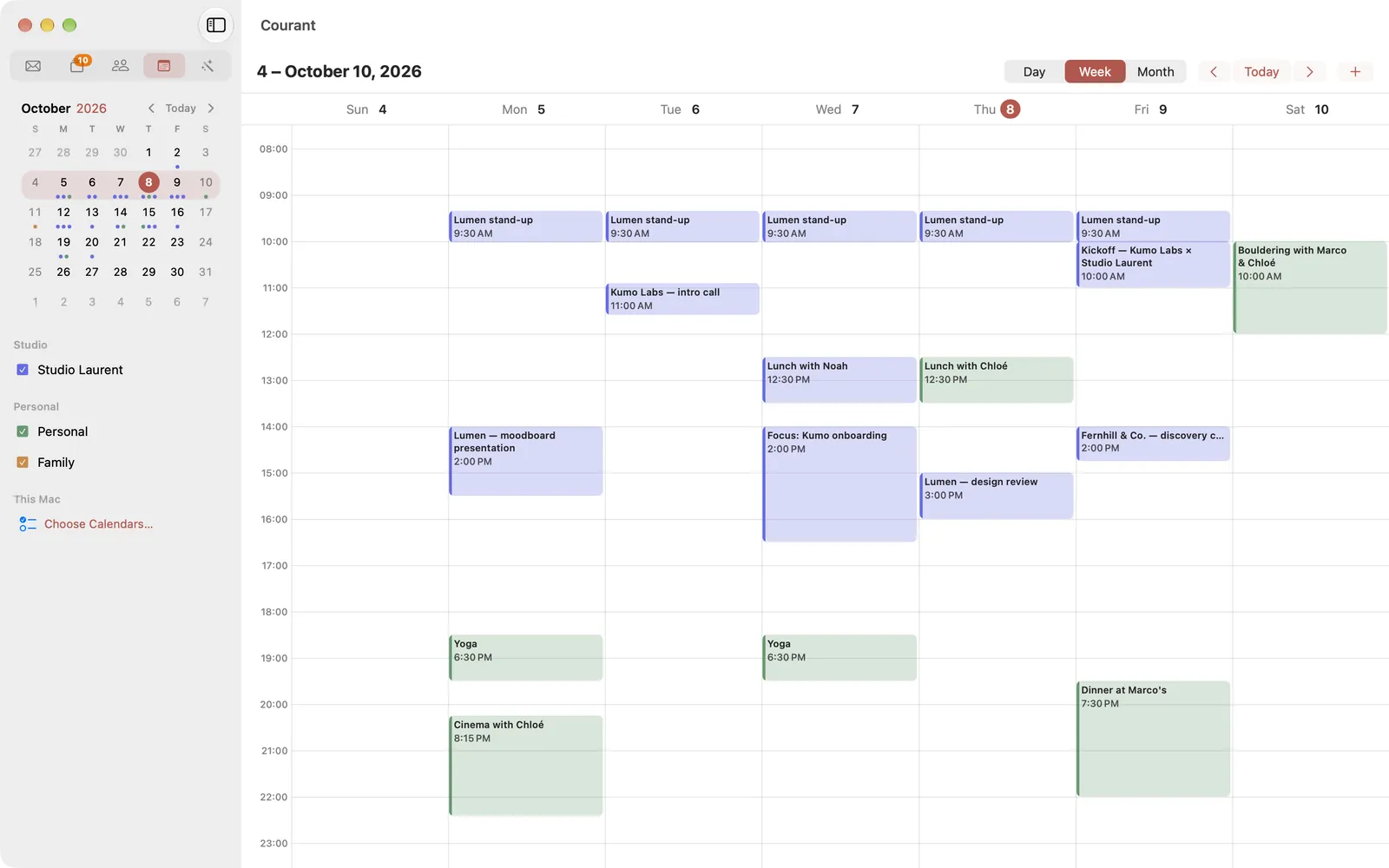 The Calendar in Courant: a week of events from two Google accounts