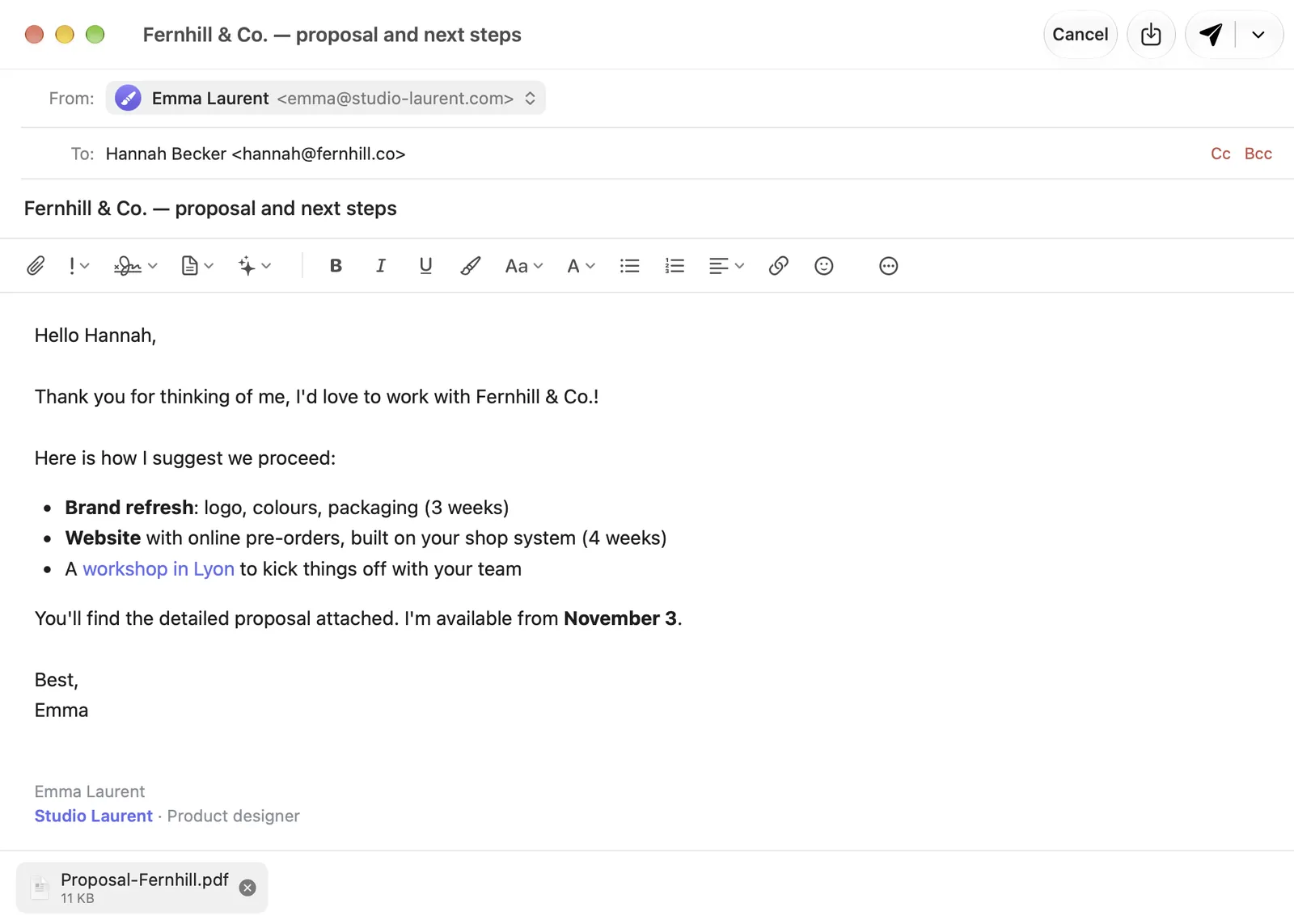Writing a new email in Courant: the formatting toolbar, a signature and an attachment