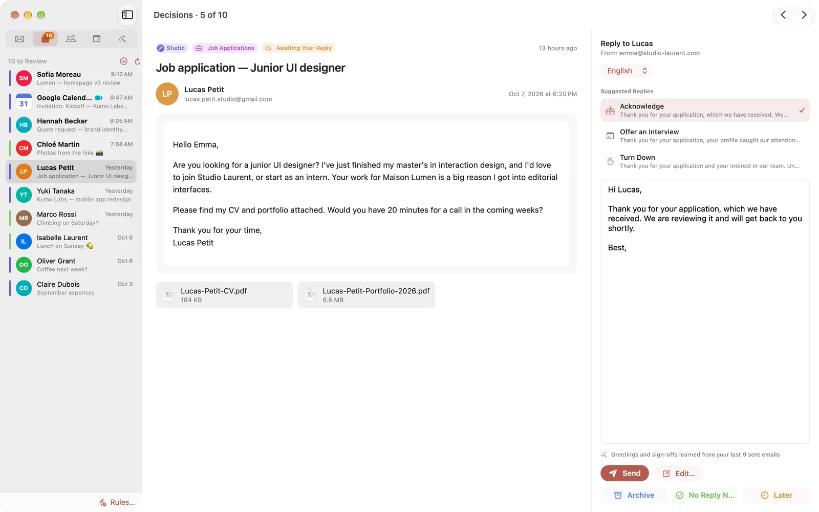 Decisions in Courant: an email asking for a quote, with a ready reply below it