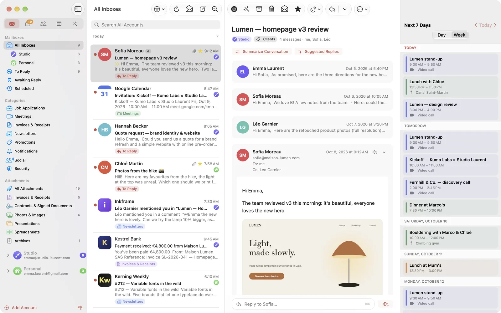 Courant on a Mac: All Inboxes with two Gmail accounts, a conversation open next to the list