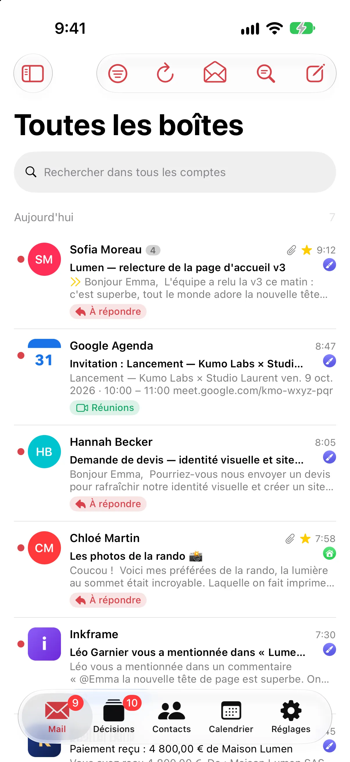 Courant sur iPhone : la boîte de réception