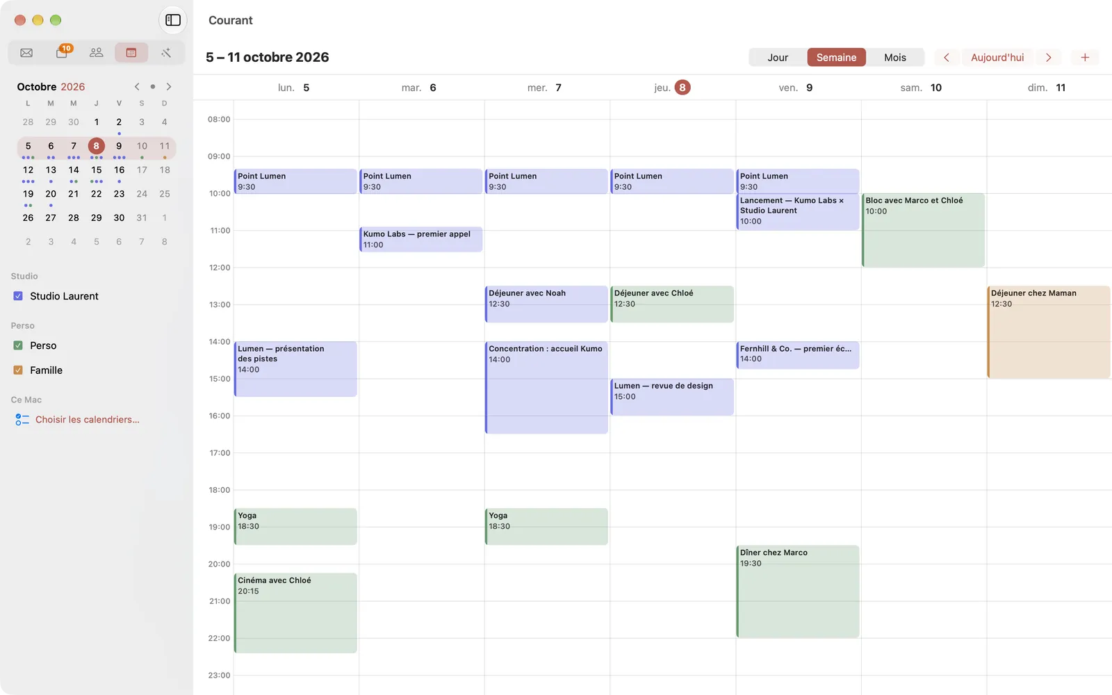 Le Calendrier dans Courant : une semaine d'événements de deux comptes Google