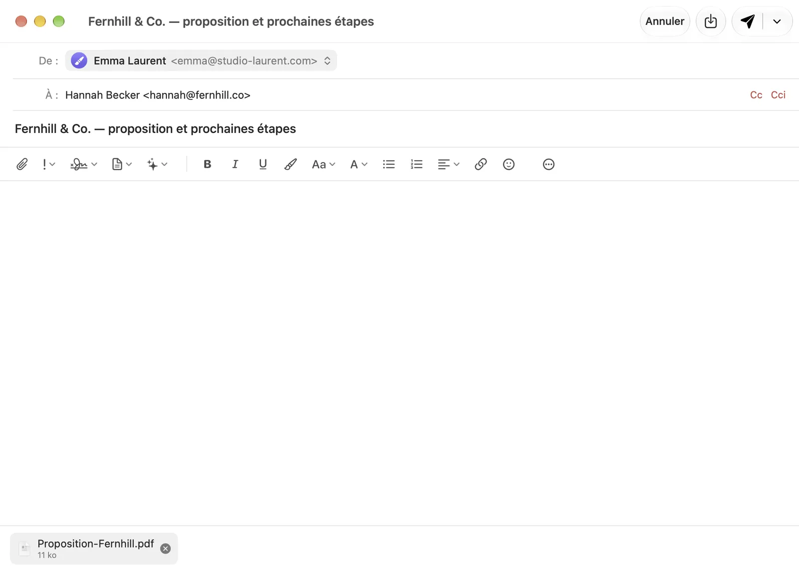 Rédaction d'un nouvel e-mail dans Courant : la barre de mise en forme, une signature et une pièce jointe