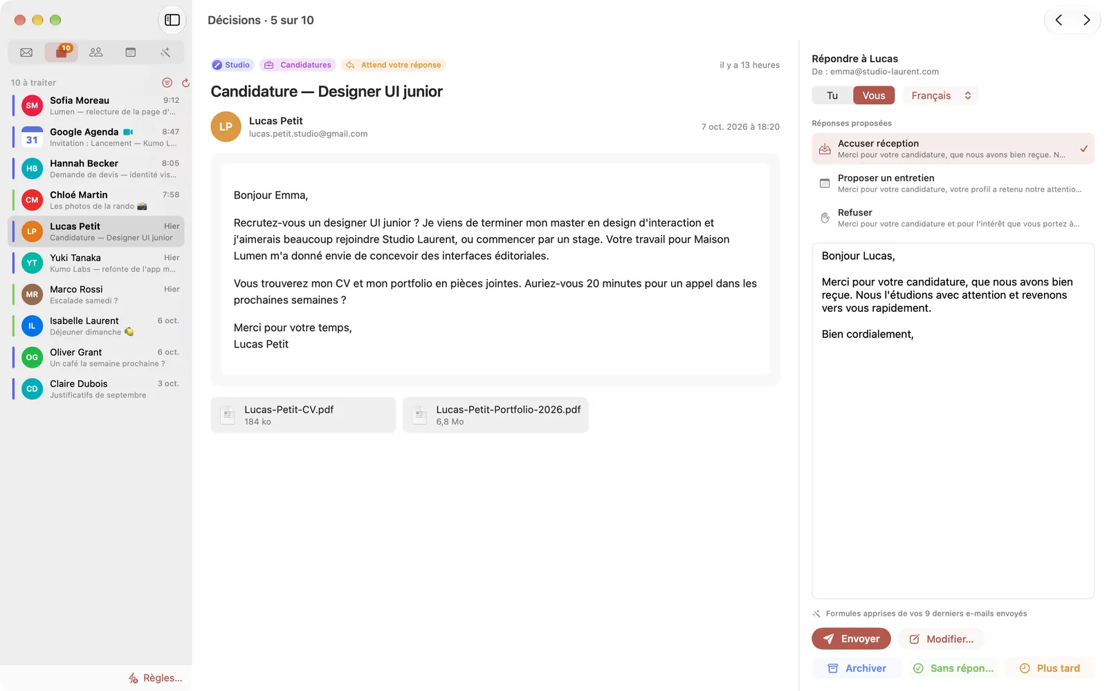 Décisions dans Courant : un e-mail qui demande un devis, avec une réponse prête en dessous